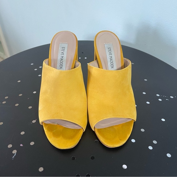 SALE 🔴 Steve Madden Yellow Heels Esmeralda Nubuck Leather Peep-Toe Mules 5.5 - Picture 5 of 8